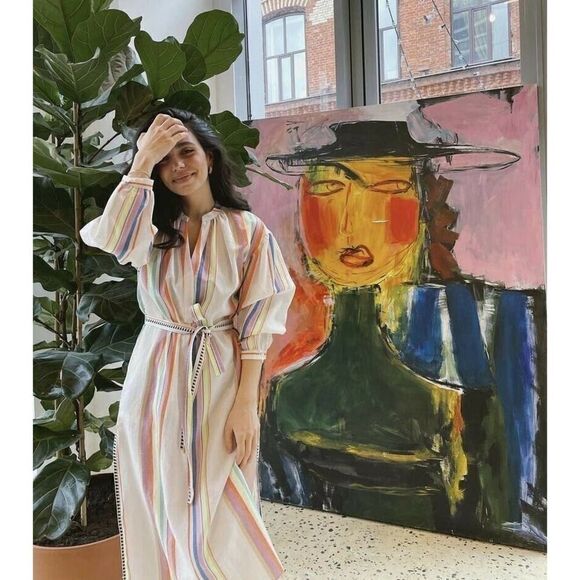 H&M x Lemlem Kaftan Dress Colorful Striped Lyocell - Picture 5 of 7